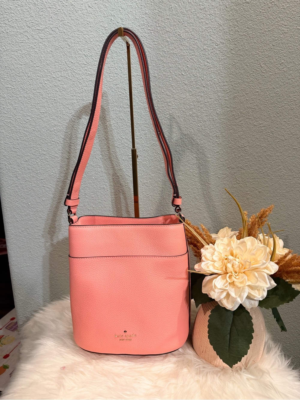 Kate Spade Leila Peachy Pink Pebbled Leather Crossbody Bucket Bag